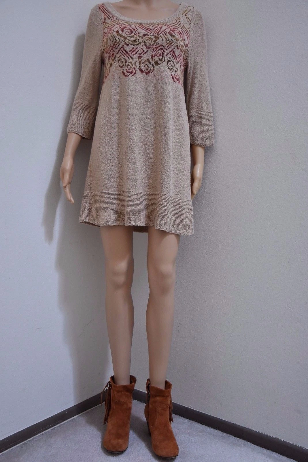 Free People Hippie Boho Embroidered Sweater tunic Tan Dress S/M