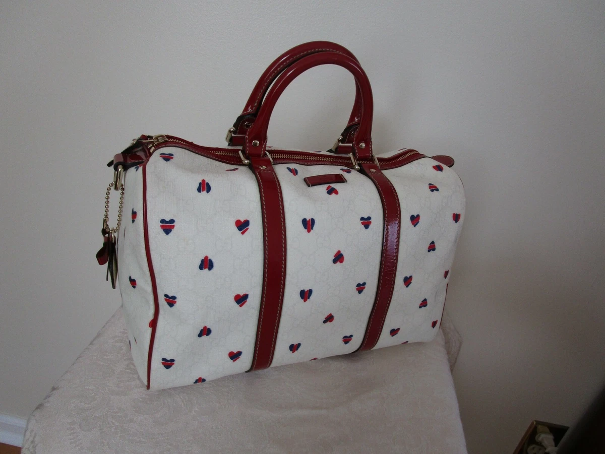 Authentic Gucci White Red Blue Heart Coated Canvas Joy Boston Bag