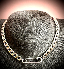 Silver Curb Safety Pin Necklace Waterproof Anti Tarnish