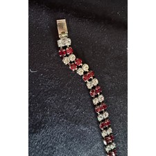 Vintage Red  Clear Rhinestone Bracelet 7  Silver Tone Sparkle B017
