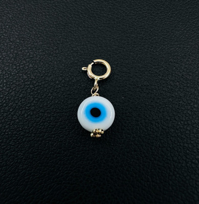 14K Solid Yellow Gold Millefiori Glass 6mm White Evil Eye Charm Pendant w/Clasp