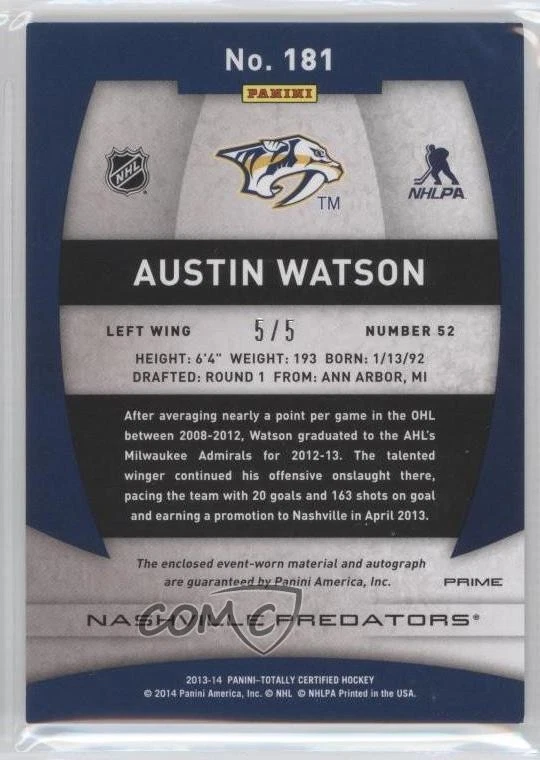 2013-14 Totally Certified /5 Austin Watson #181 RPA Rookie Patch Auto Tag RC - Image 2 of 2