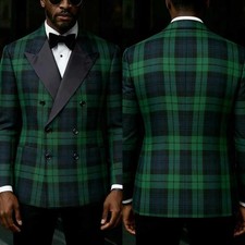Men's Green Plaid Suit Regular Fit Double Breasted Wedding Business Jacket Pants