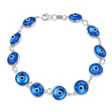 Spirtual Turkish Colorful Glass Evil Eye Bracelet .925 Sterling Silver Aqua