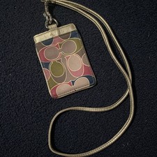 Coach Vintage ID Card Holder with Lanyard Gold Mettalic Leather