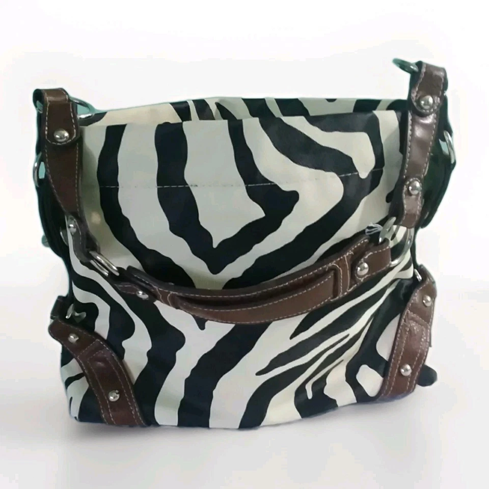 Bolso de Mano Damas Rayas Blanco y Negro / Correa de Cuero Marrón / Estampado de Cebra