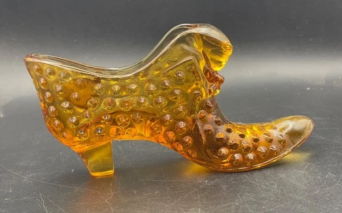 Vintage Fenton Glass Amber Hobnail Slipper Shoe with Cat Head