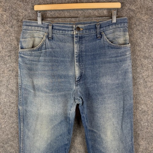 VTG Rustler Jeans Mens 33x32 Blue Ideal Zip Whiskered Faded Yellow Tag 80s USA - Picture 3 of 10