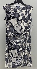 NWT Chaps Women's Sleeveless Midnight Off White Floral Pattern Twist Dress L