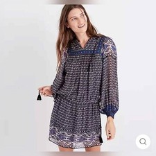 Ulla Johnson Navy and White Long Sleeve Printed Dress