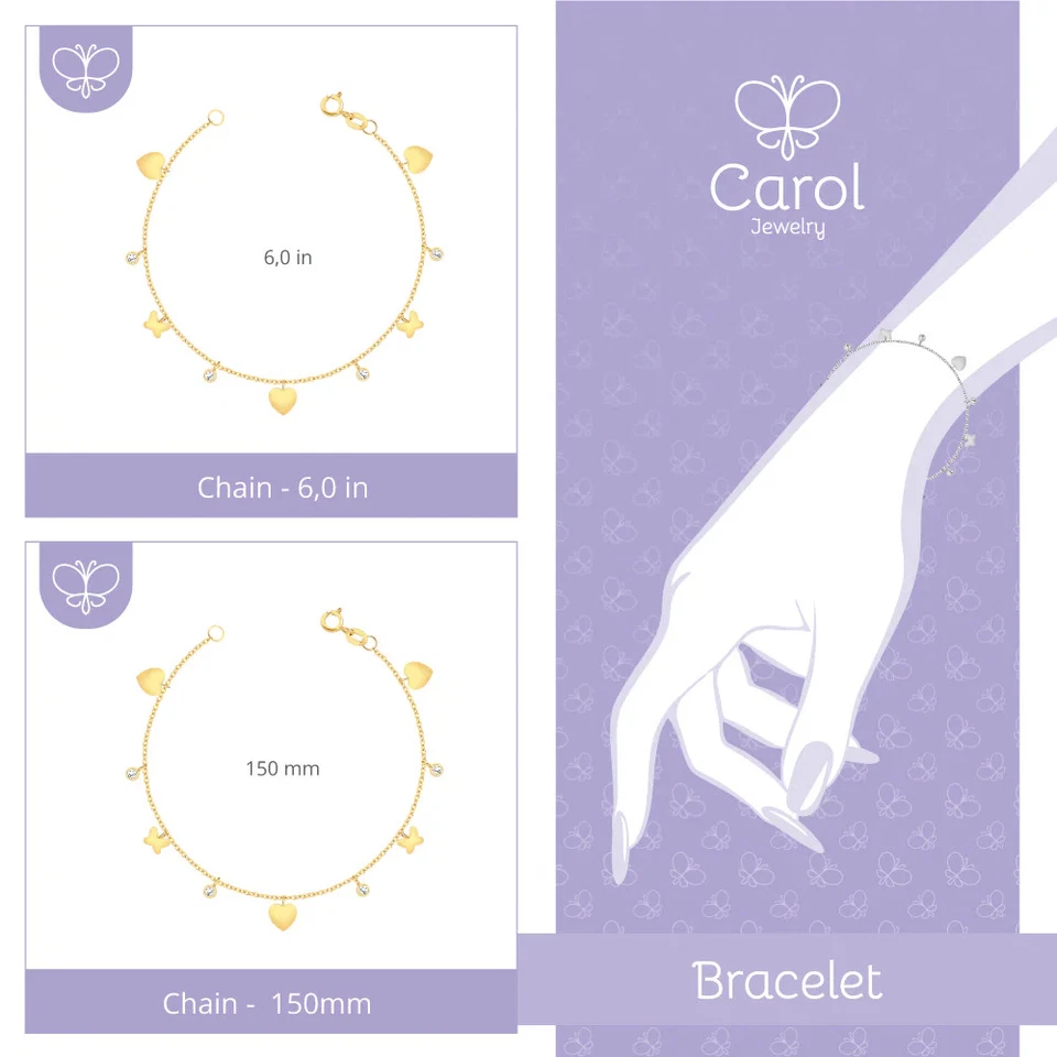 Bracelet 18k Solid Yellow Gold Heart Zircon Ball Butterfly Women - Image 2 of 4