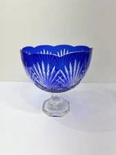 10” Cobalt Blue Scallop Cut To Clear Pedestal Bowl