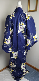 Japanese Style Kimono Cotton Yukata Blue Floral Dragonfly NO Belt 63" Long