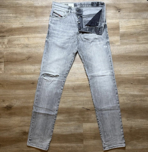 Diesel Men’s Slim Tapered Gray Light Wash Distressed Button Fly Jeans 27
