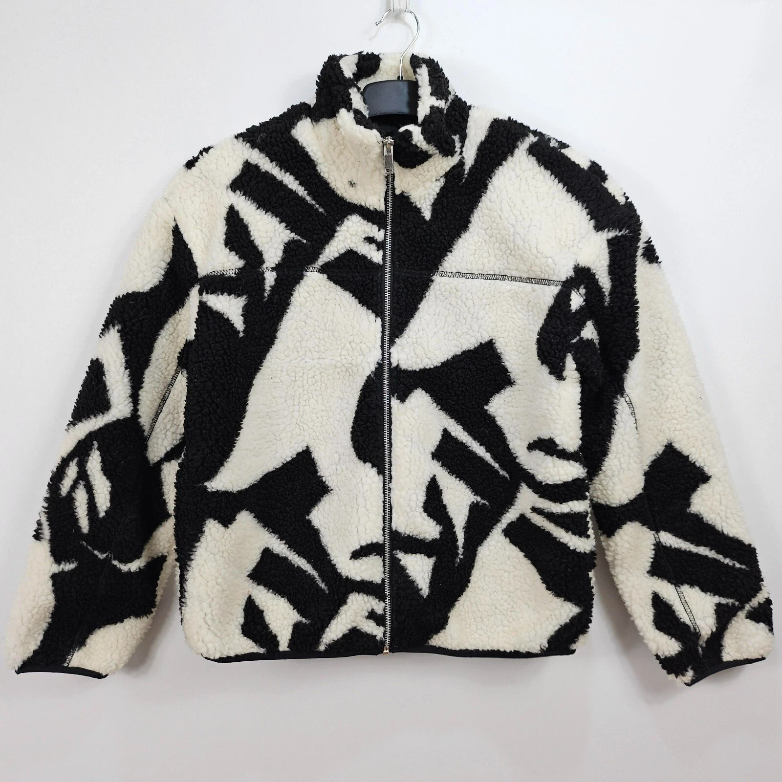New Look - Abstract Print Borg Zip Fleece Jacket - Black White - Small - UK 8-10