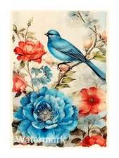 Blue Bird Flowers Cotton Fabric Quilt Block Quilting, Sewing, Crafting (15A