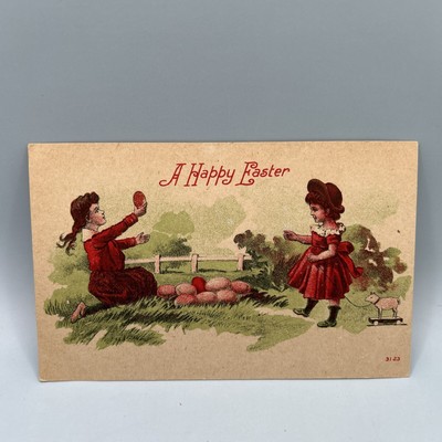 Antique Postcard A Happy Easter Two Girls With Easter Eggs 