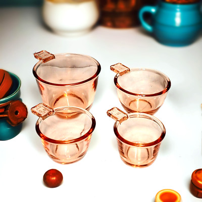 4 PC Nesting Measuring Cups, Pink Amber Depression Style Glass, Vintage Kitchen