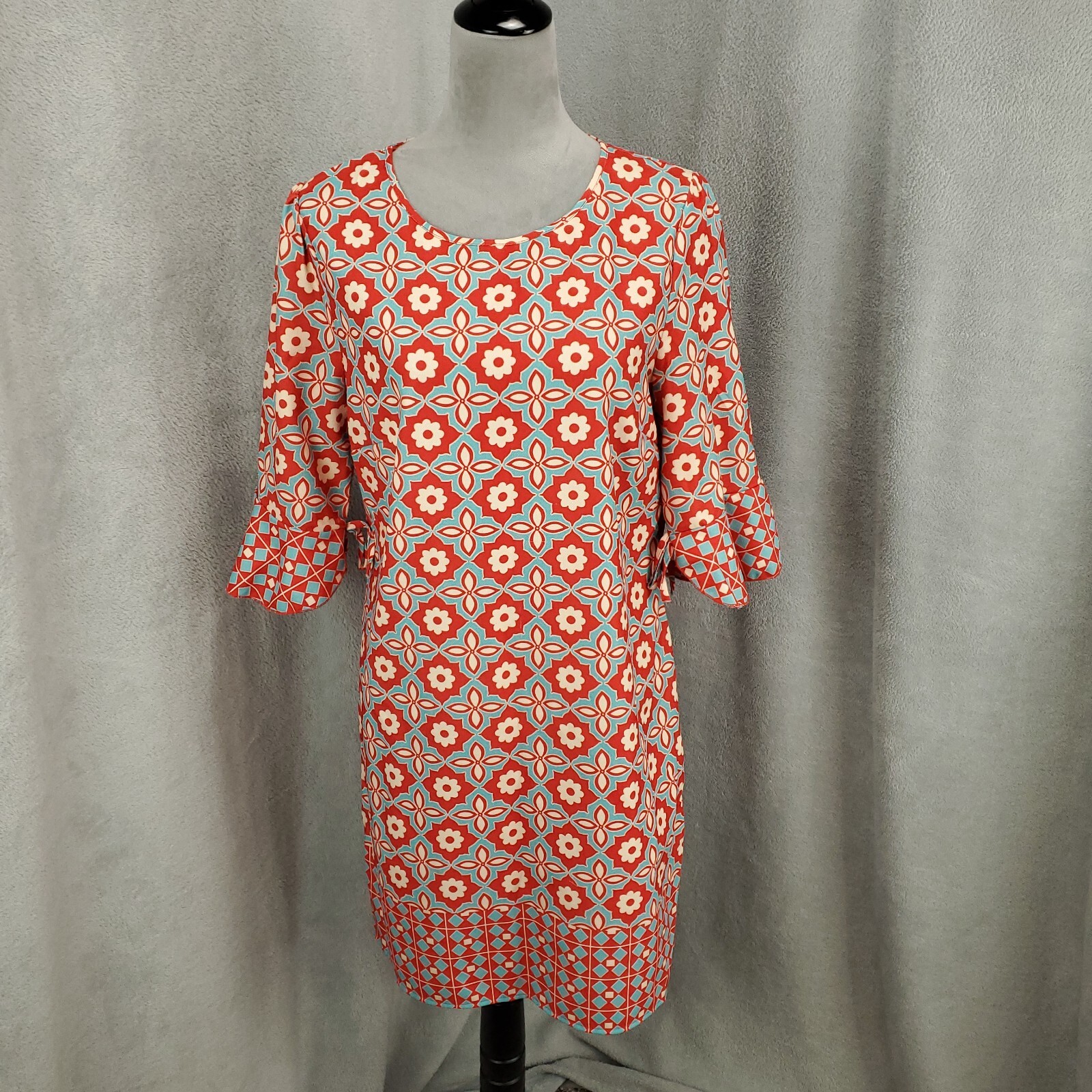 Aryeh Dress Womens Large Blue Red Retro Print Flutter Sleeve Shift