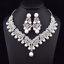 Silver Plated Pearl Crystal Rhinestone Necklace Earrings Set Wedding Bridal N25