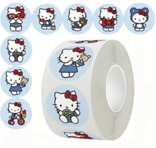 500 pcs Sticker Seals Roll Hello Kitty Blue Background Semi Gloss Self Adhesive
