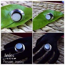 Handmade peruvian ring 950 silver w/circular design White Nacre Sz 8.5-10 Adj