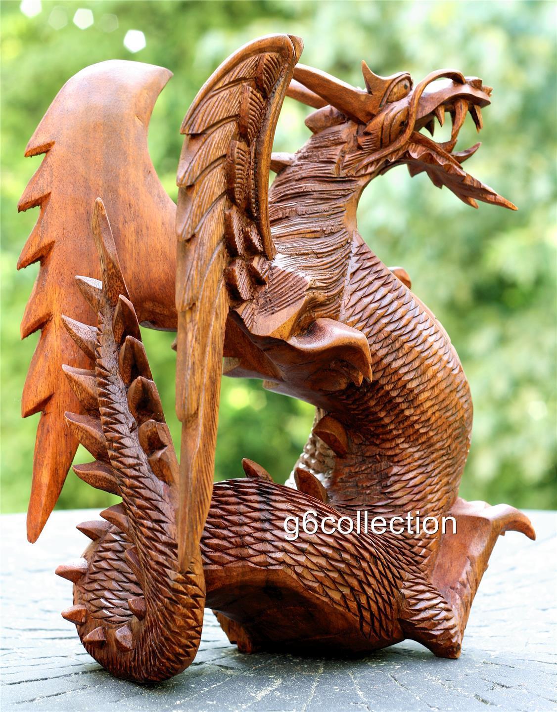 8.5" Hand Carved Wooden Dragon Statue Sculpture Figurine Wood Art Home