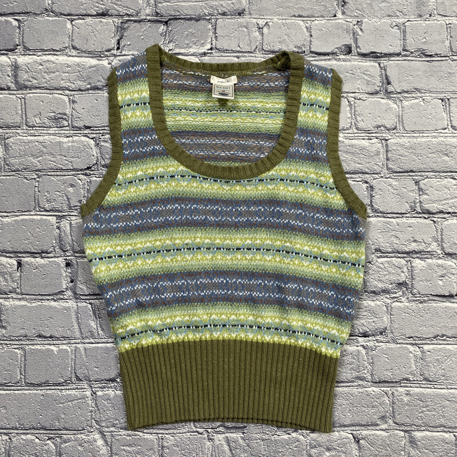 Vintage Old Navy Wool Blend Sweater Vest Size M Green Fairisle Goblincore Granny