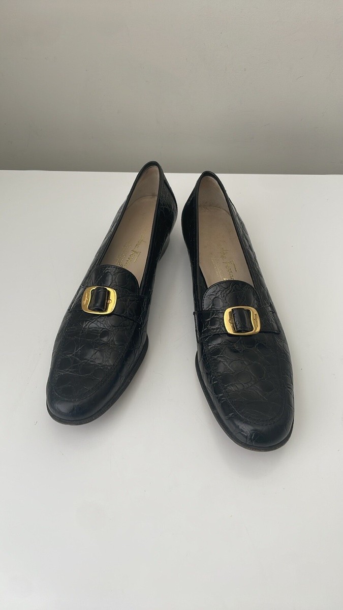 Vintage Salvatore Ferragamo Boutique 8.5 A3 Black Croc Gold Vintage Salvatore Ferragamo Boutique 8.5 A3 Black Croc Gold