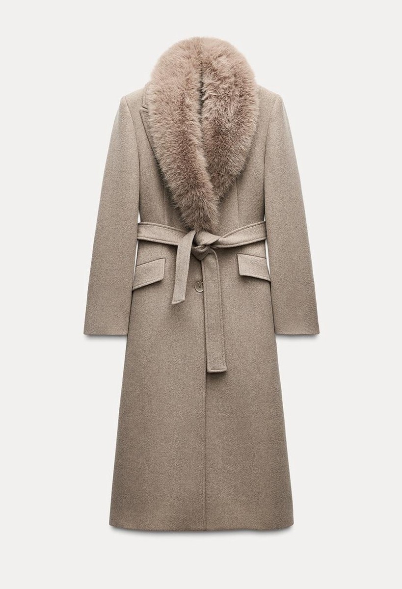 ZARA WOOL COAT WITH FAUX FUR LAPEL COLLAR MINK FW24/25 SIZES