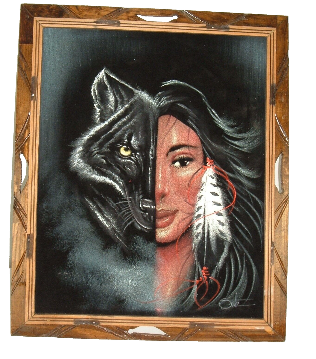Vintage Oil Painting on Black Velvet Framed Wolf Lady Face