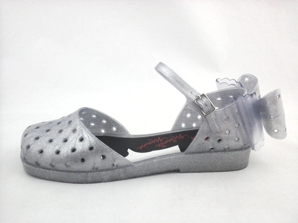 MELISSA Minnie Mouse Chrome Silver Glitter Mary Jane PVC Bow Shoes US 6/37 RARE - Image 2 of 4