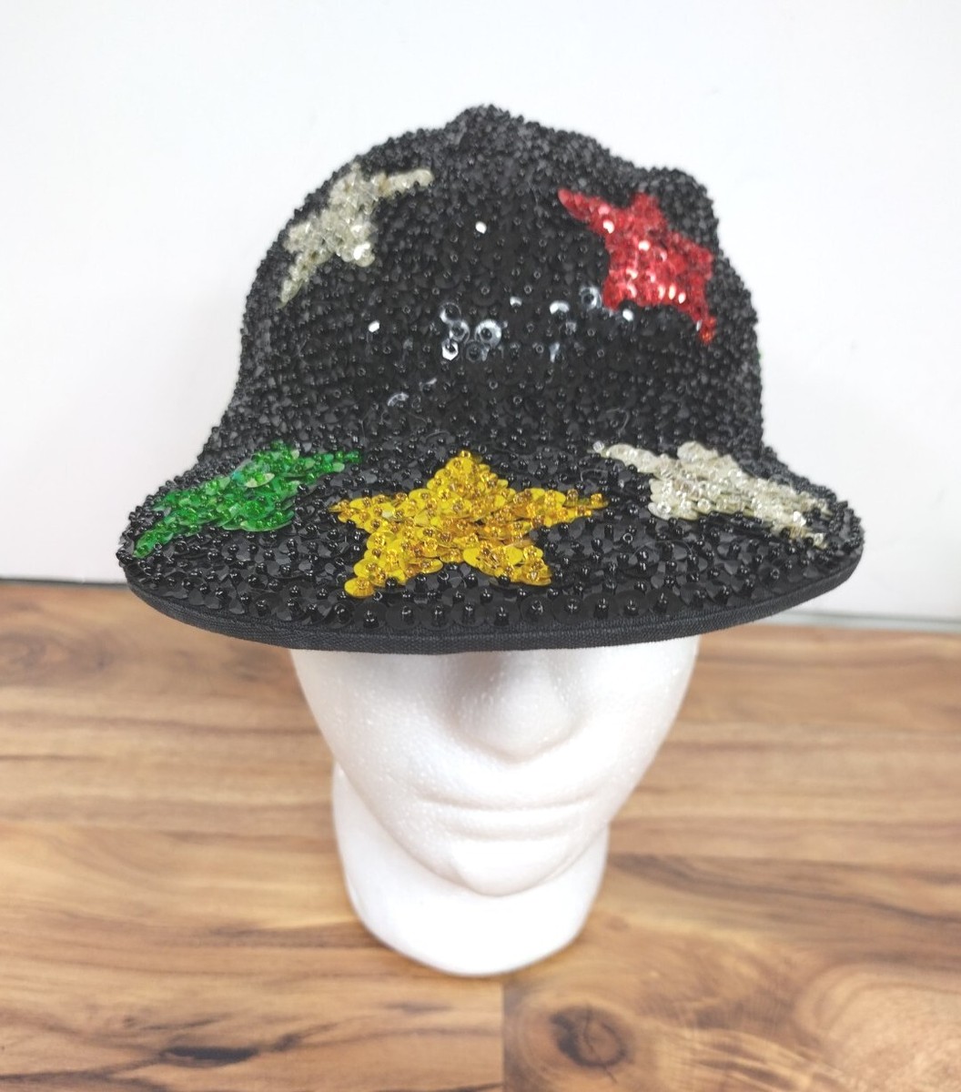 BLACK SEQUIN BASEBALL CAP HAT GOLD STARS GLITTERING It Does not