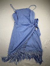 Lulus Dress Women S Small Blue Wrap Midi Back Zipper Sleeveless Tasseled Tie