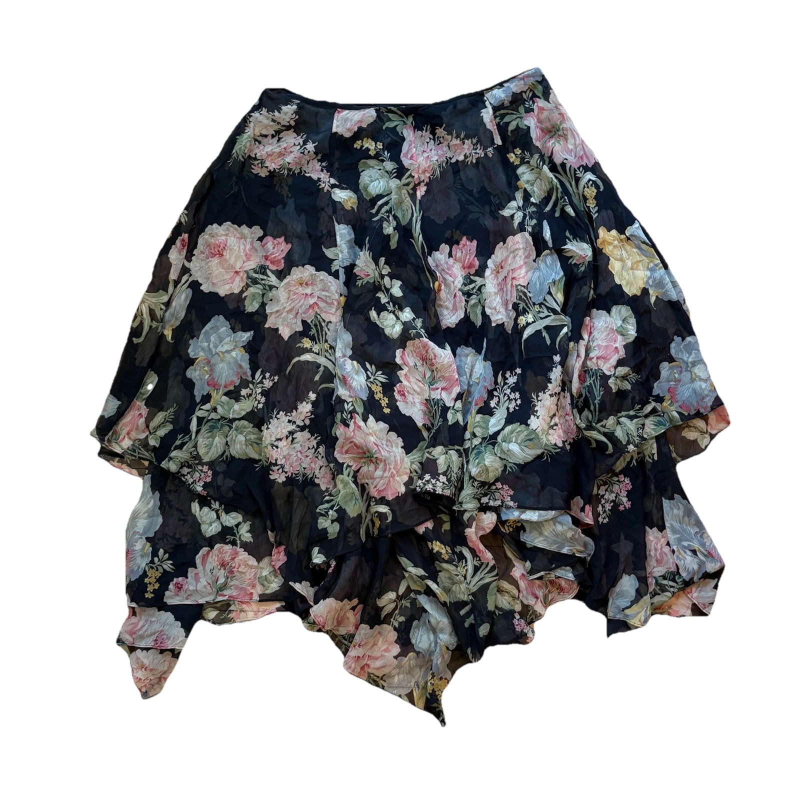 Silk Midi Skirt, Lauren Ralph Lauren, Black Floral Tiered Lined Skirt Size 12-image
