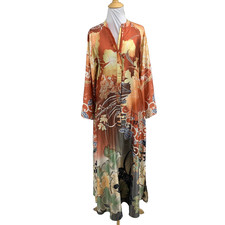 Natori Kaftan Womens S Small Satin Autumn Floral Motif Long Sleeve Maxi Dress
