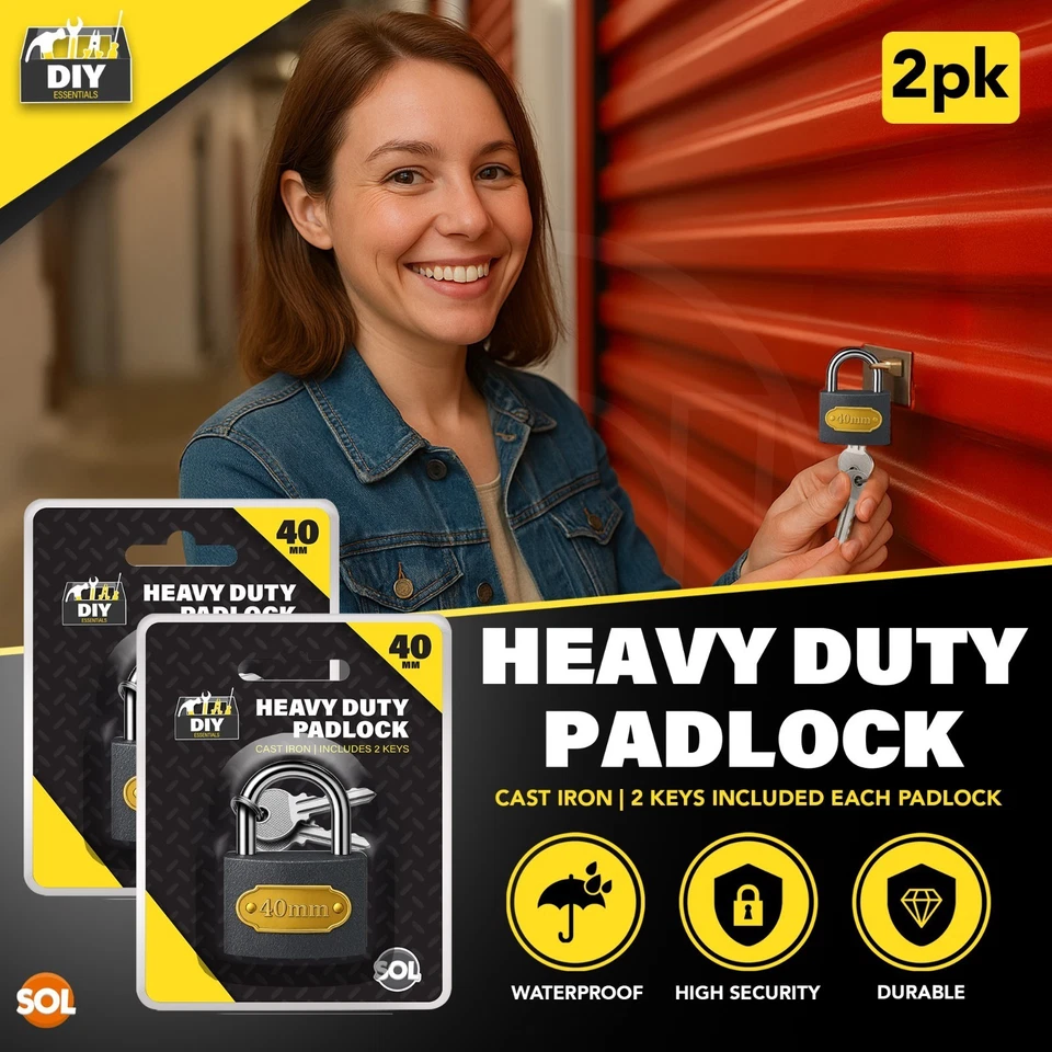 SOL 2pk Heavy Duty Padlocks 40mm Outdoor Security Locks With Keys Shed Gate - Image 3 of 4
