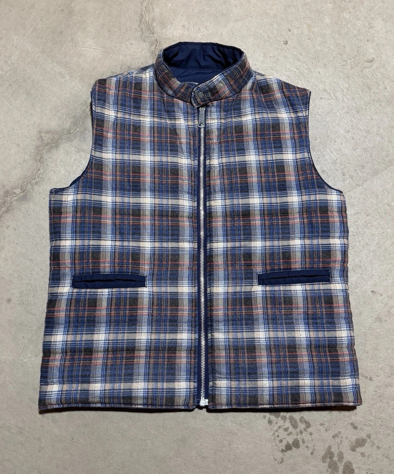 Vintage 70s Puffer Vest Reversible Plaid Navy Size Medium Talon Zipper Rare