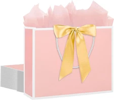 12 pcs Pink Gift Bags with Handles 12.6x4.5x10 in Large Paper Bags with Bow Ribb