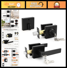 Square Keyed Alike Door Lever Deadbolt Lock Set, Flat Black Entry Knob, 1 Pack