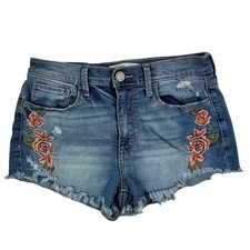 Mudd Jean Shorts 5 High Rise Shortie Floral Embroidered Frayed Raw Hem Stretch