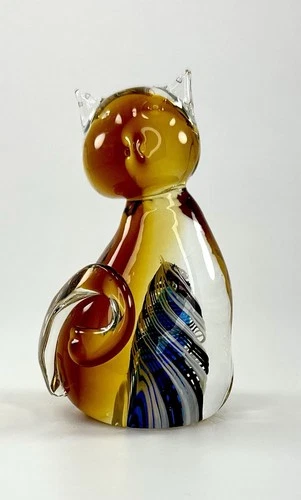 Murano Style Art Glass Cat Figurine Amber Multicolor Swirl Hand Blown Decor