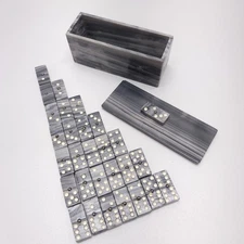 Vintage Handmade Carved Spinner Marble Stone Dominoes Set 28 Pieces Gray READ