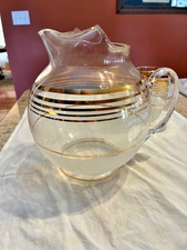 Vintage 1950s Ball Shaped Glass Pitcher and 4 Tumblers Gold Bands