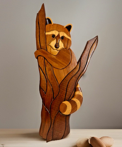 Vintage Wall Art Raccoon On Branch Intarsia Multi Wood 20" X 9” Signed