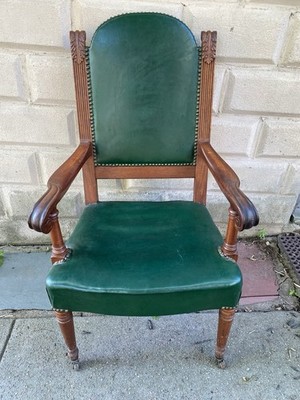 Massachusetts State House Antique Arm Chair Green Leather Edwardian Library NICE
