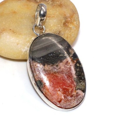 925 Silver Plated Rhodochrosite Pendant Handmade Gemstone Size 2'' MJ