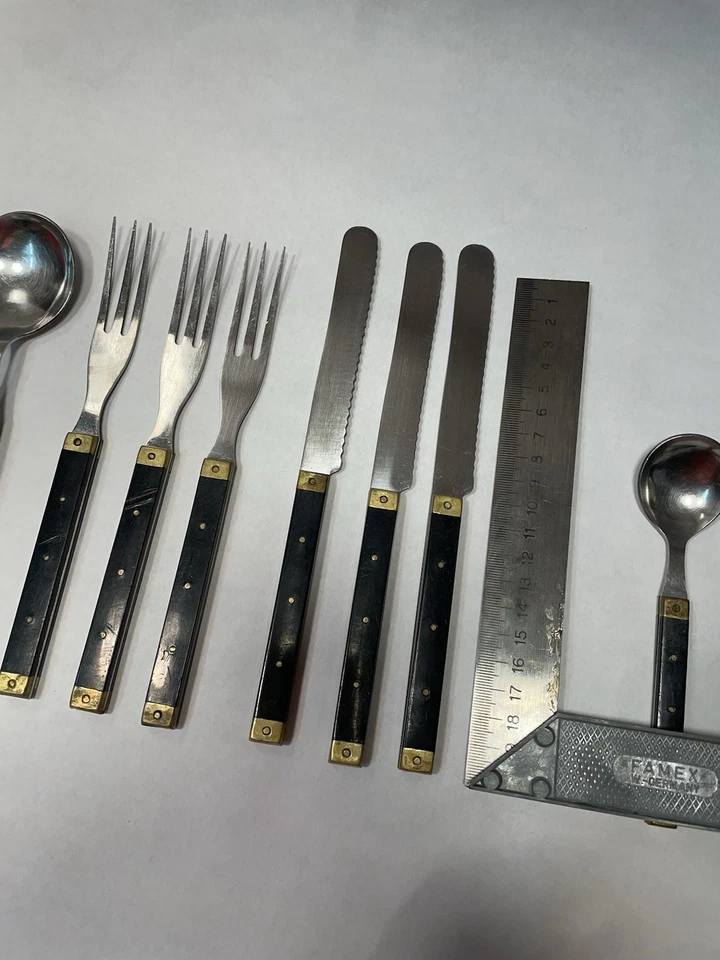 Französisches Besteck Vintage Schwarz Mit Messing, Edelstahl  - Bild 3 von 4