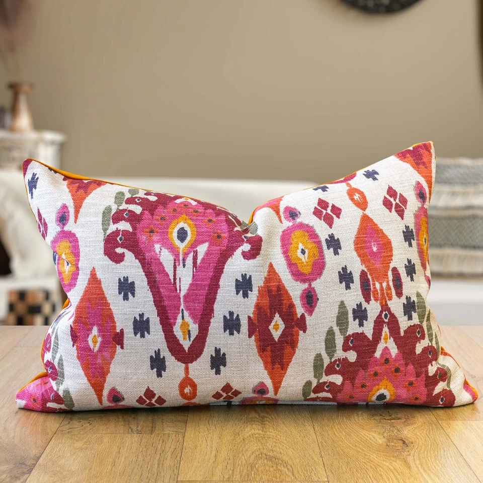 Heavyweight Linen-blend Morrocan Ikat XL Rectangle Cushion, Pink/Orange. 23x15" - Image 3 of 4