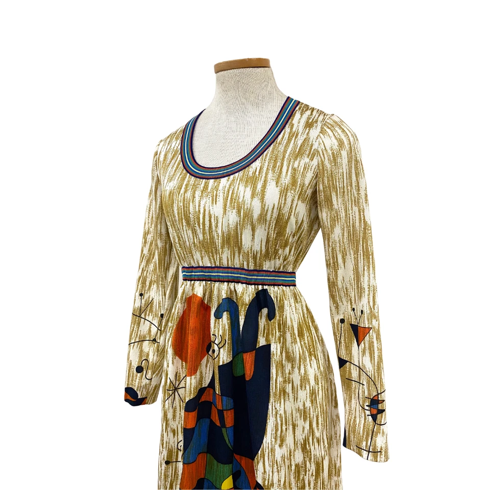 Vestido estampado vintage década de 1970 Goldworm Miró "Figuras de cabeça para baixo" - Imagem 3 de 4